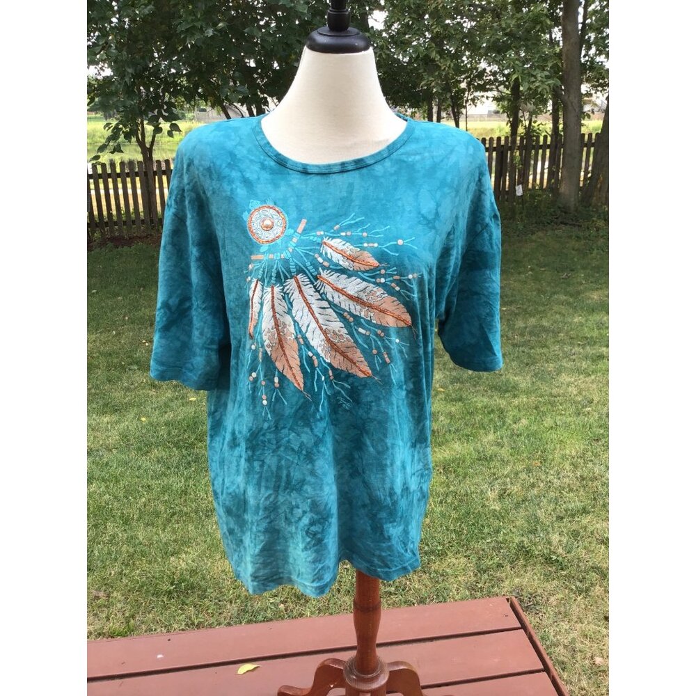 Turquoise Dreamcatcher Feather Graphic T-Shirt L Tie-dye Lynde Apparel Boho